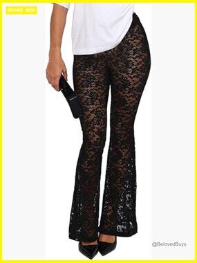 Sexy Lace Flare Bottom Mesh Sheer Rave Pants Bell Bottom Hollow Out Cover Up